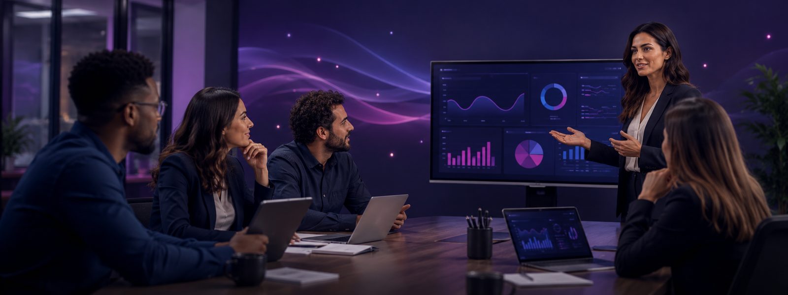 Equipe multidisciplinar analisando dados e indicadores em sessão de diagnóstico